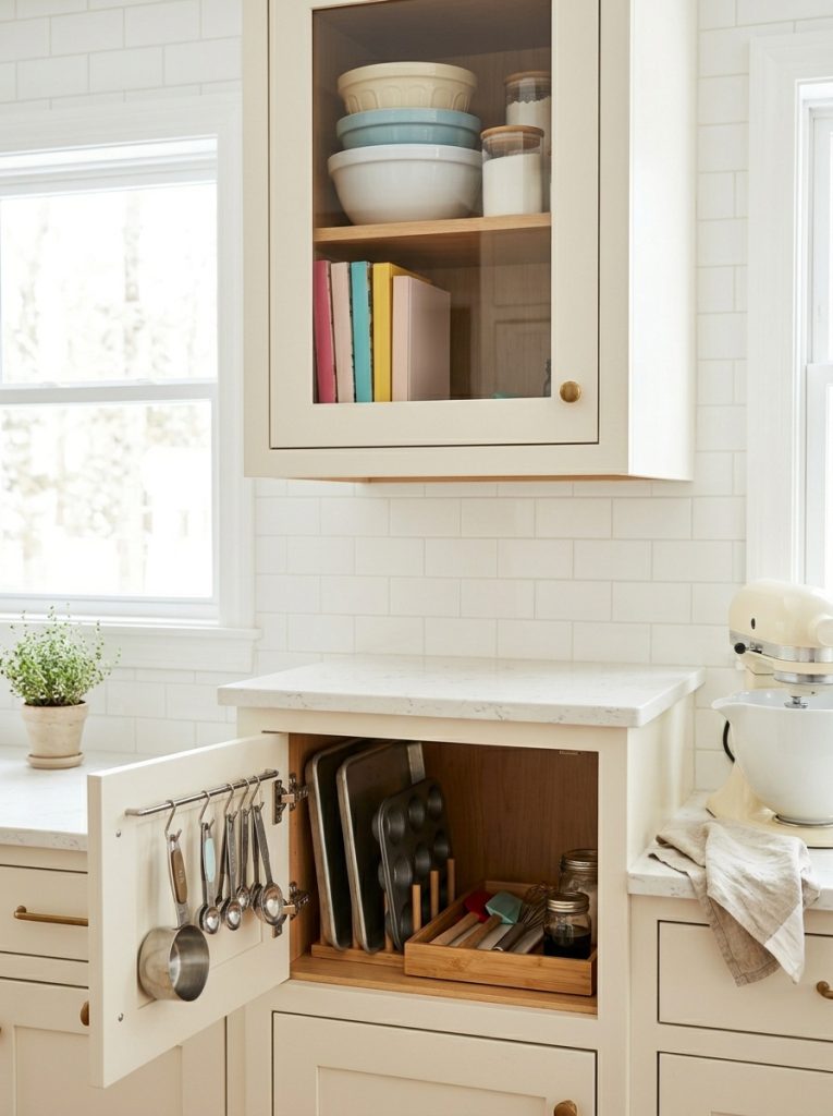 Kitchen corner cabinet organized with stacked mixing bowls measuring cups and vertical baking pans