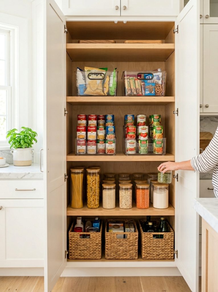 Large kitchen corner cabinet organized into zones with labeled baskets for snacks canned goods and pantry