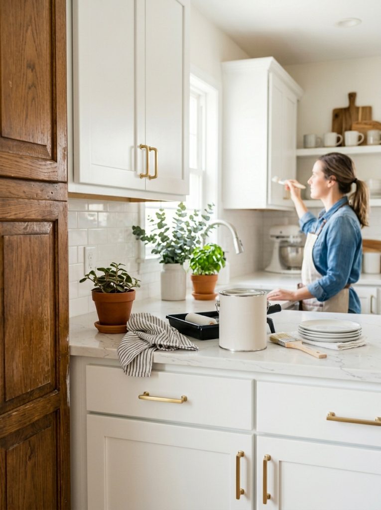  DIY kitchen cabinet painting with quality paint kit showing freshly painted doors smooth beautiful finish transformation with supplies 
