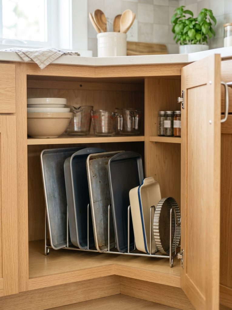 Kitchen base corner cabinet with baking sheets and pans stored vertically in metal divider rack