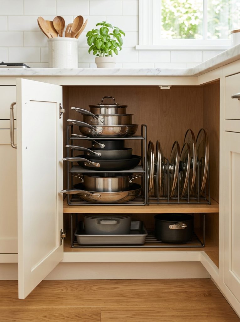Deep lower corner cabinet with pots and pans organizer holding cookware and vertical lids