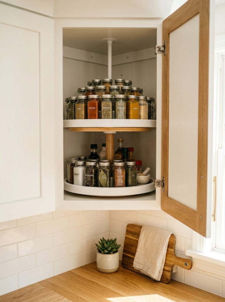 Bright cheerful professional lifestyle photography of a neatly organized kitchen corner cabinet with a lazy susan spinning shelf holding spices and small jars, warm natural light, clean white cabinet interior, vertical portrait, no text Feature