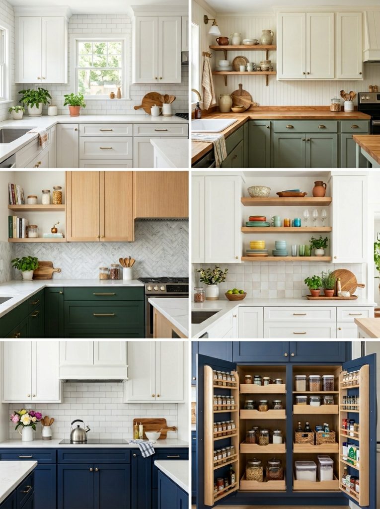  Complete DIY kitchen cabinets collection with white painted two-tone green wood farmhouse modern open shelf organization transformation styles
