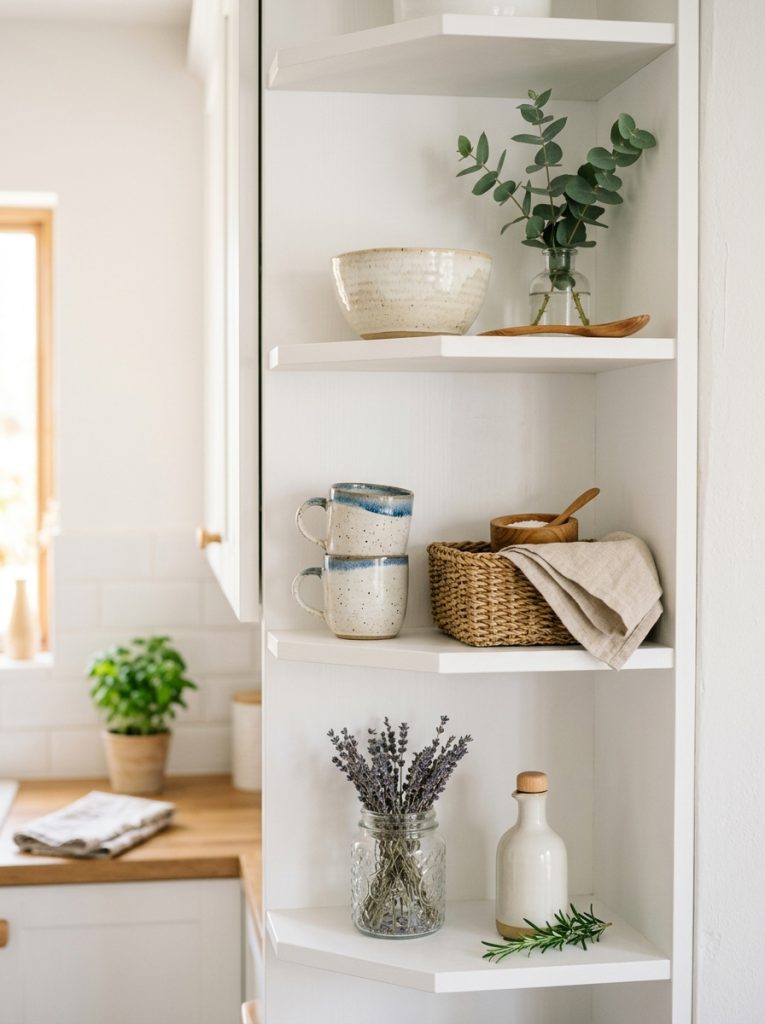 Minimal kitchen corner cabinet with few neatly arranged items and breathing space on white shelves