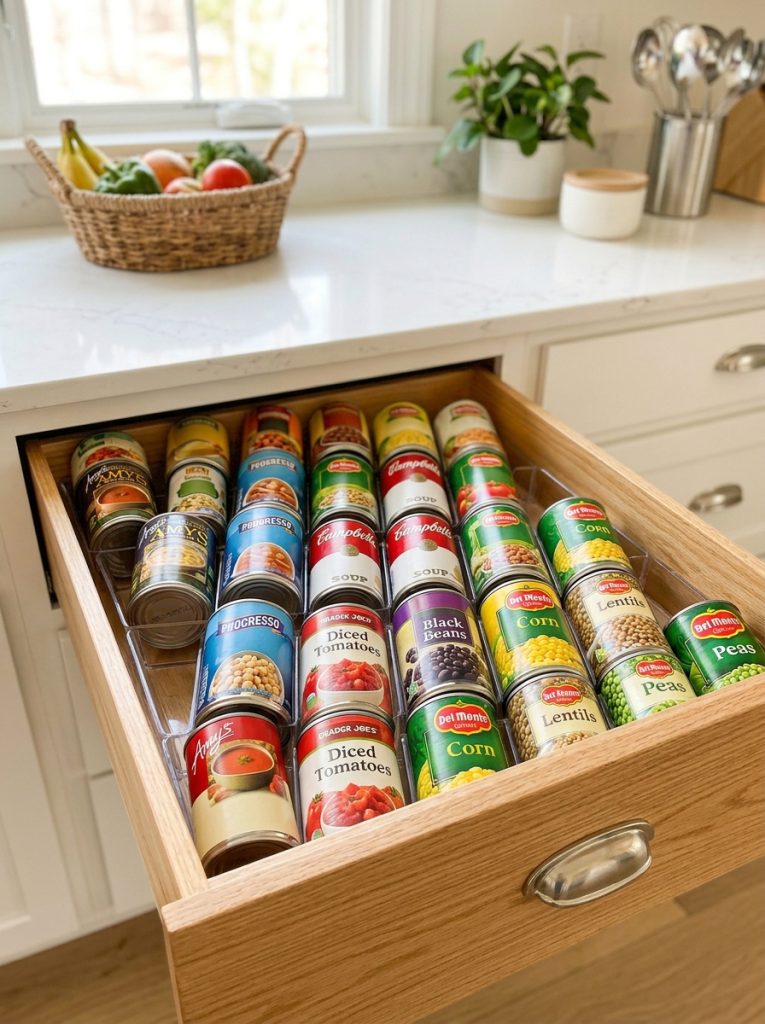 Deep kitchen drawer with cans stored on their sides in rows with labels facing up like files