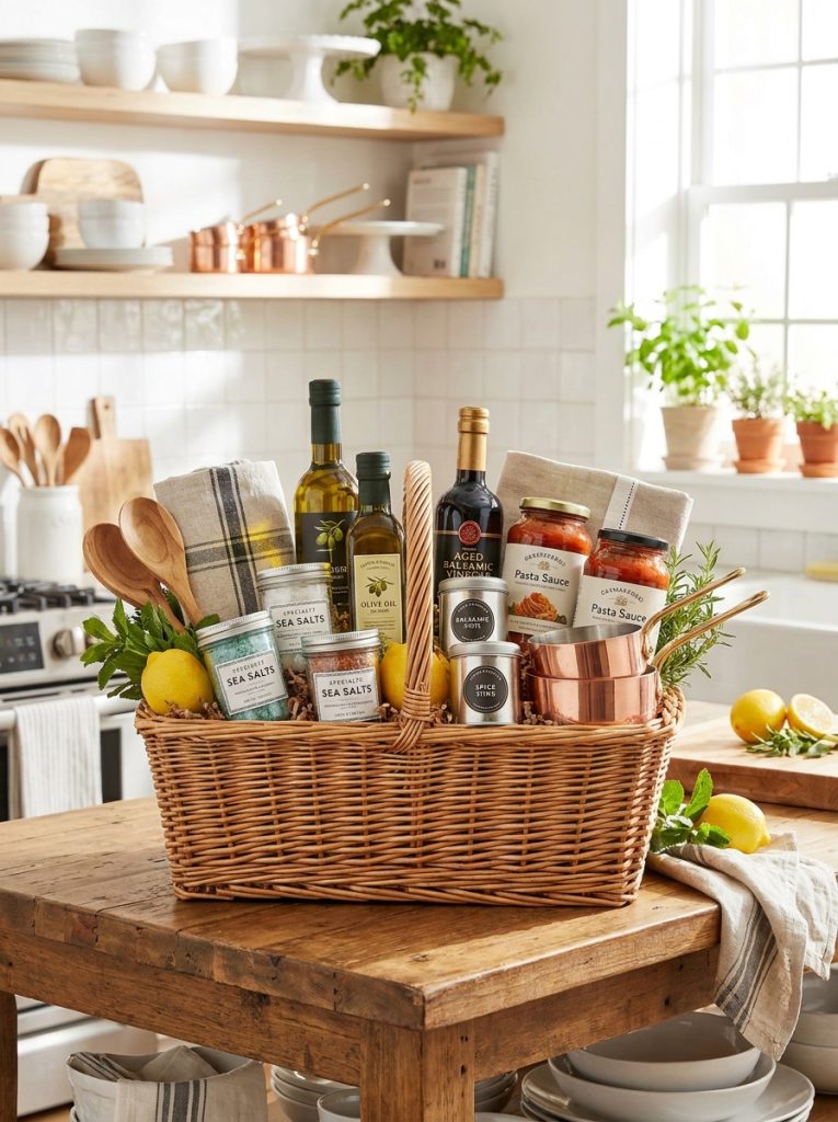 Beautiful kitchen foodie gift basket with quality olive oil balsamic vinegar specialty salts pasta sauces spice blends and kitchen accessories 