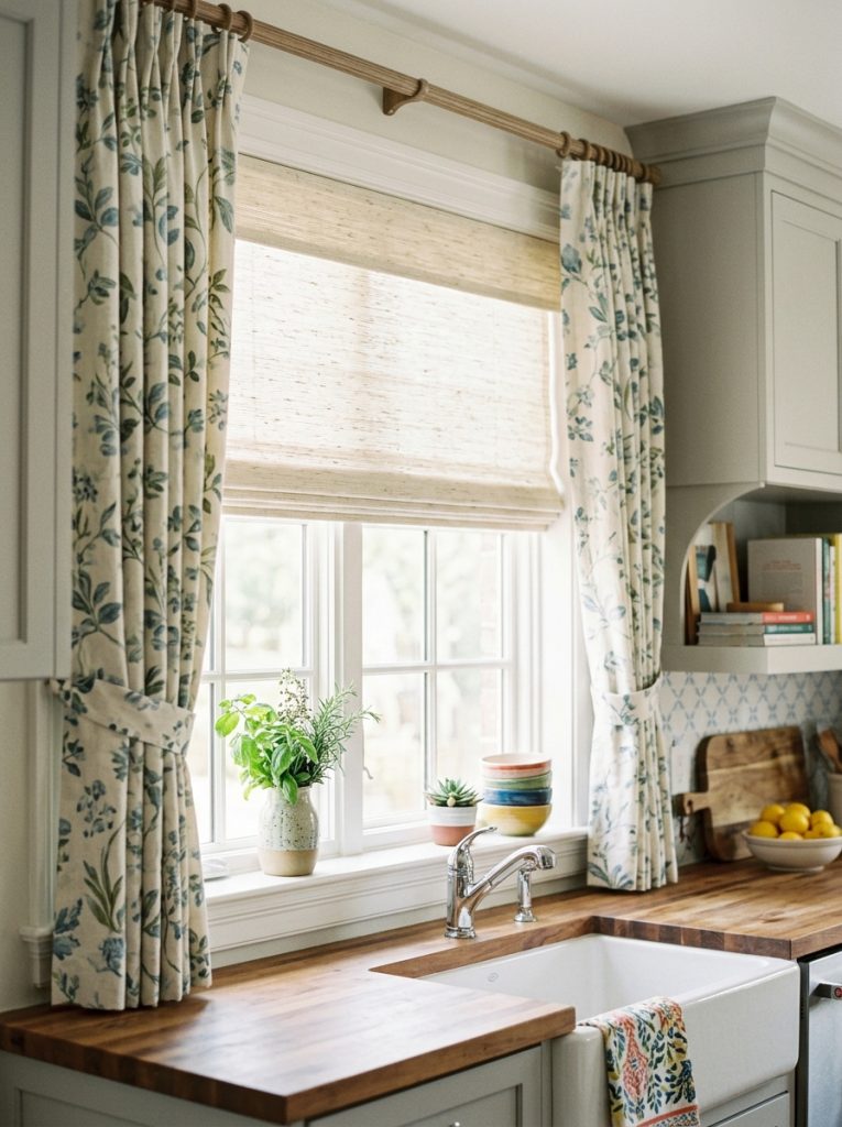 Beautiful kitchen window blinds combined with curtain panels showing layered practical roller roman blinds with decorative curtains