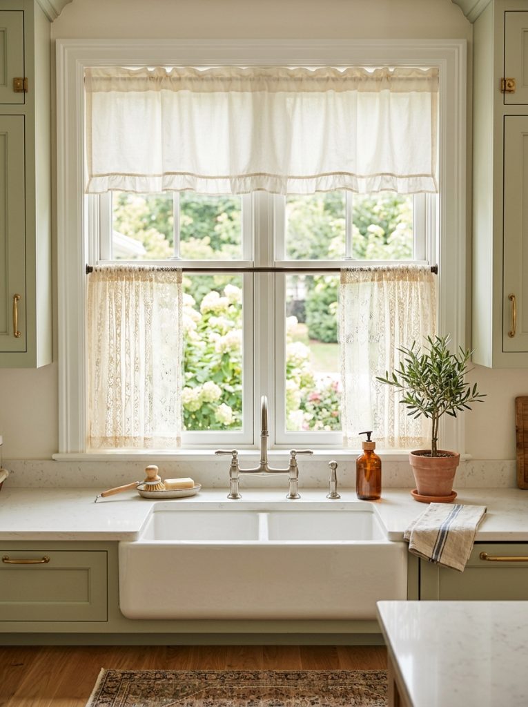 Beautiful kitchen window curtains above sink with cafe curtains lace panels and gathered curtains creating practical charming sink window displays