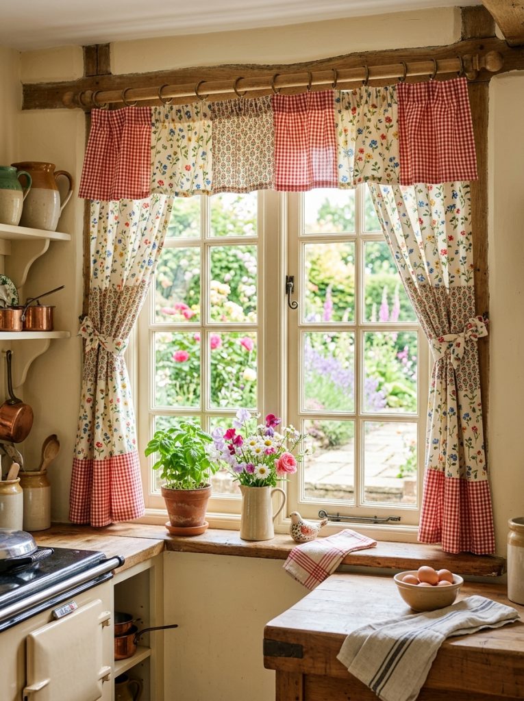 Charming country kitchen window curtains with checks gingham florals and traditional country fabric creating warmly beautiful country kitchen