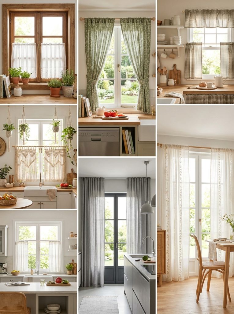 Complete kitchen window curtains collection with cafe lace macrame farmhouse green cottagecore country modern and long panels in kitchen settings