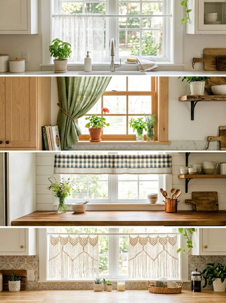 Beautiful kitchen window curtains display with white lace half green linen farmhouse valance and macrame boho styles in bright sunny kitchens