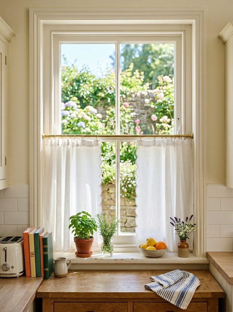 Beautiful short cafe style kitchen window curtains with classic white cream panels at lower half of windows in bright sunny kitchen