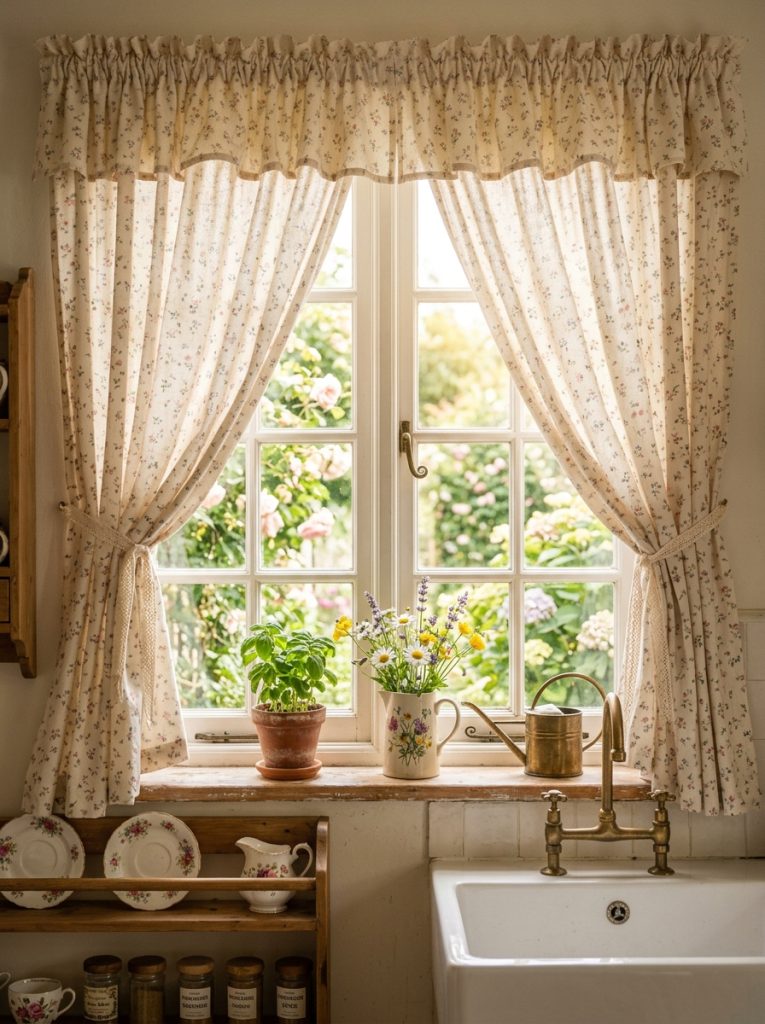 Beautiful cottagecore kitchen window curtains with delicate floral patterns soft romantic fabrics gathered styling in enchanting cottage kitchen