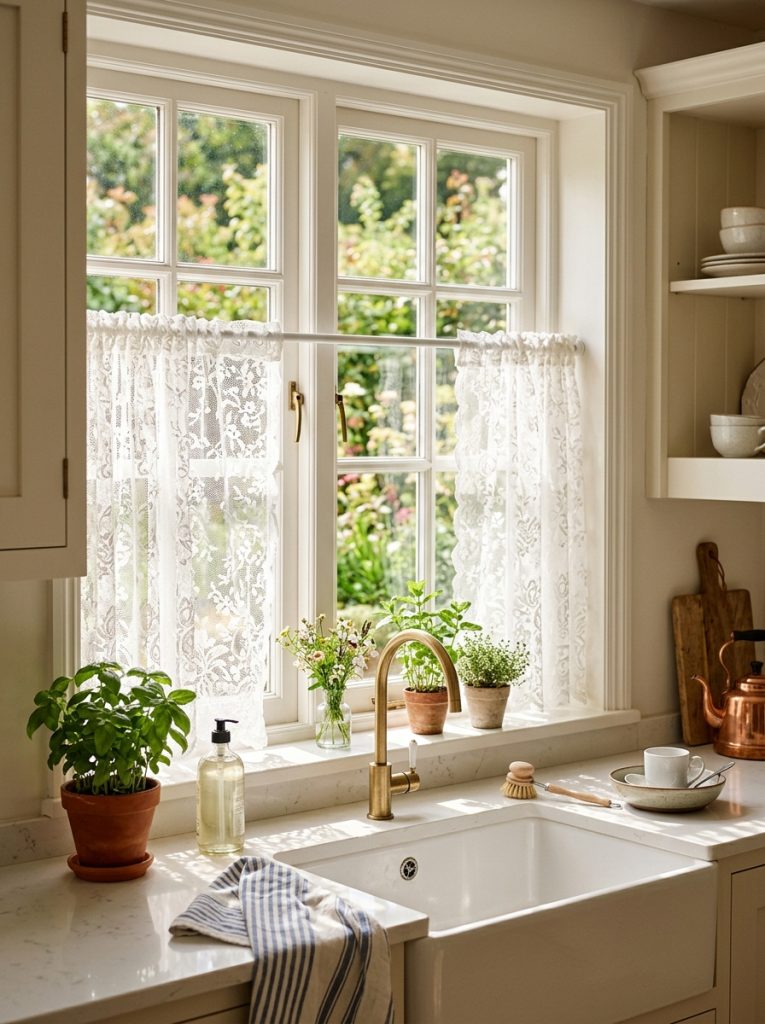 Beautiful lace half kitchen window curtains with delicate white lace at windows especially sink with natural light filtering through