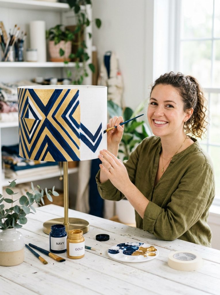 Plain white lamp shade being painted in bold geometric pattern navy and gold on bright clean work surface