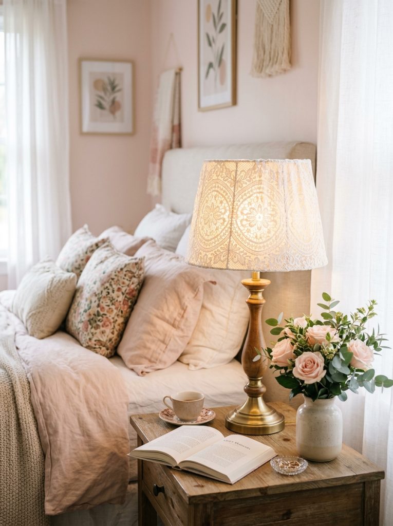 DIY lamp shade wrapped in delicate white lace creating romantic warm glow when lit on table lamp in bedroom