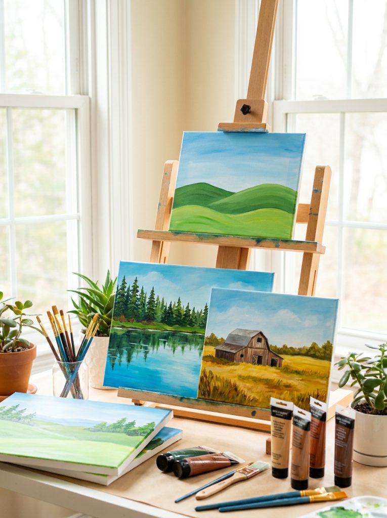 Beautiful easy landscape acrylic painting ideas with rolling hills forest scenes lake reflections and countryside in rich natural colors