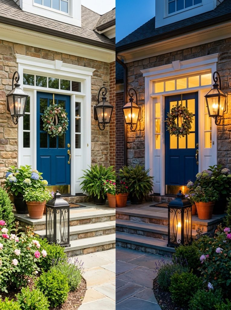 Beautiful outdoor entryway lantern lights flanking front door and on steps creating warm light and decorative presence day and evening 