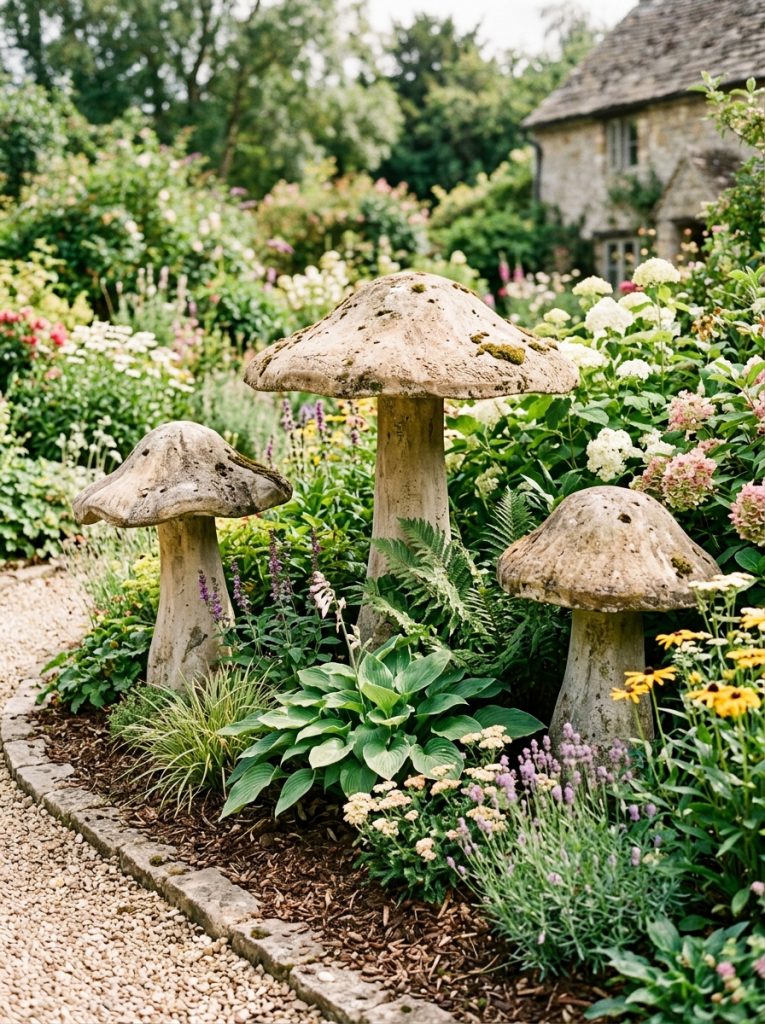 Impressive large cement mushroom DIY statement pieces as garden focal points among large plants and shrubs creating magical large-scale display