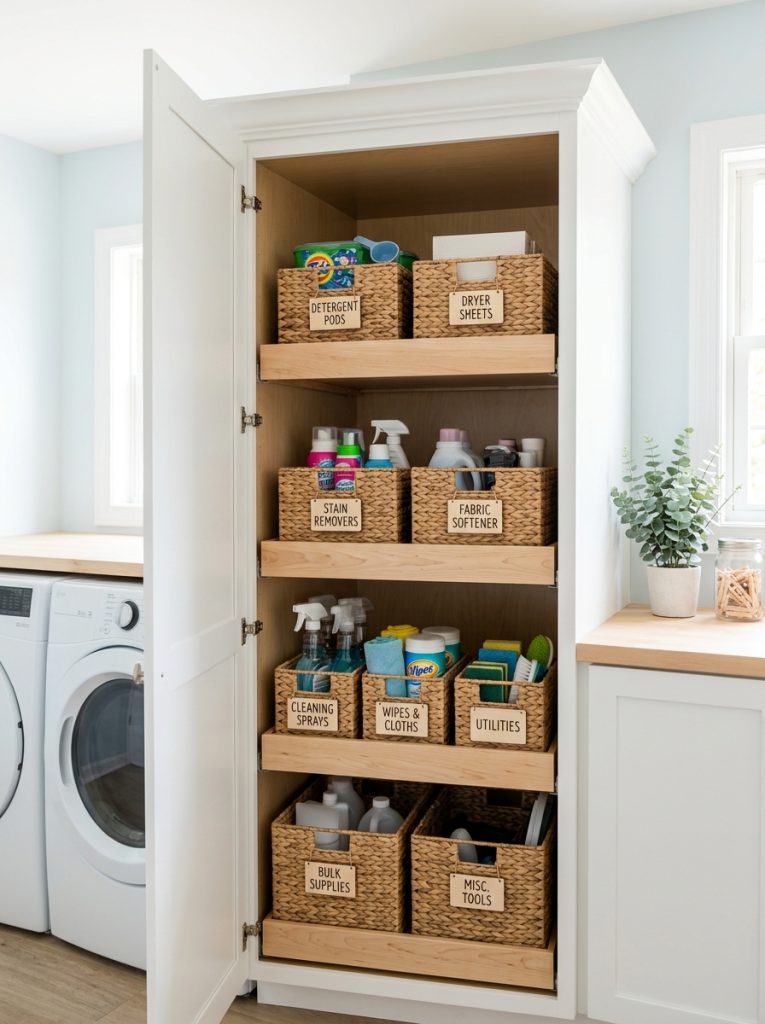  Laundry room corner cabinet with labeled baskets for detergent pods dryer sheets and supplies