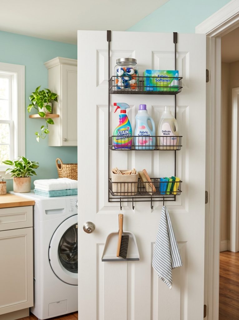  Laundry room door with over door rack holding laundry pods dryer sheets and stain remover