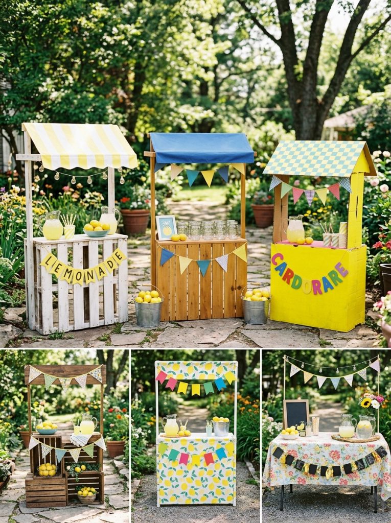 Complete lemonade stand DIY collection with pallet wood wooden classic cardboard PVC crate folding table and decorated versions displayed