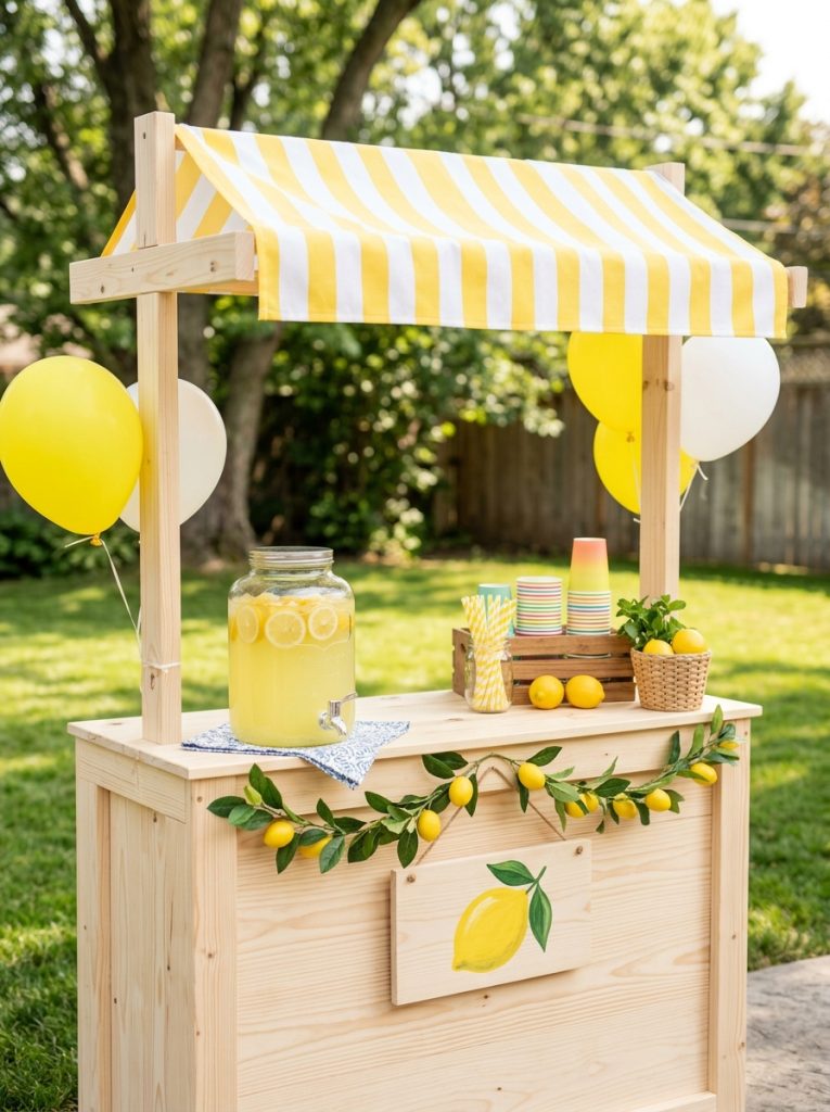 Beautifully simple easy lemonade stand DIY with clean lines basic construction and cheerful decoration showing simplest most charming design