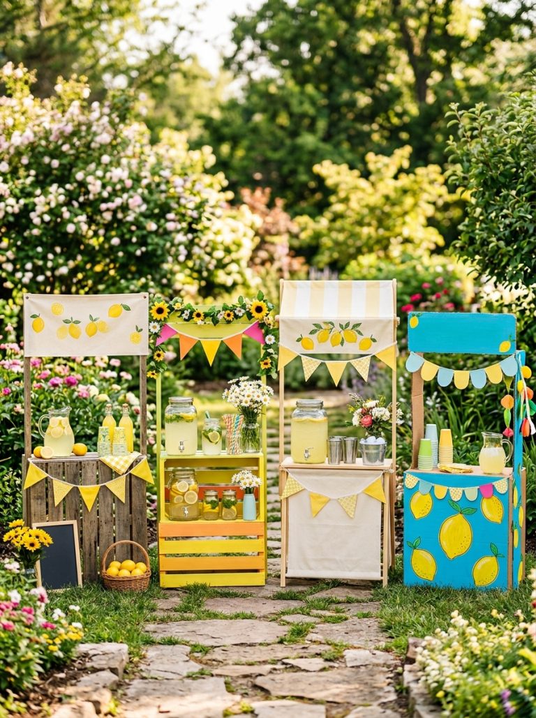 Beautiful lemonade stand DIY display with rustic pallet wood painted wooden crate foldable portable and cute cardboard stands with lemon decor
