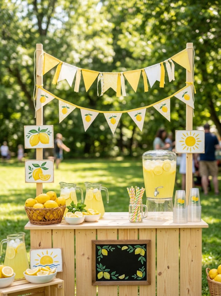Beautiful lemonade stand decor DIY with lemon bunting yellow white fabric fresh lemons cheerful signs and colorful summer decor