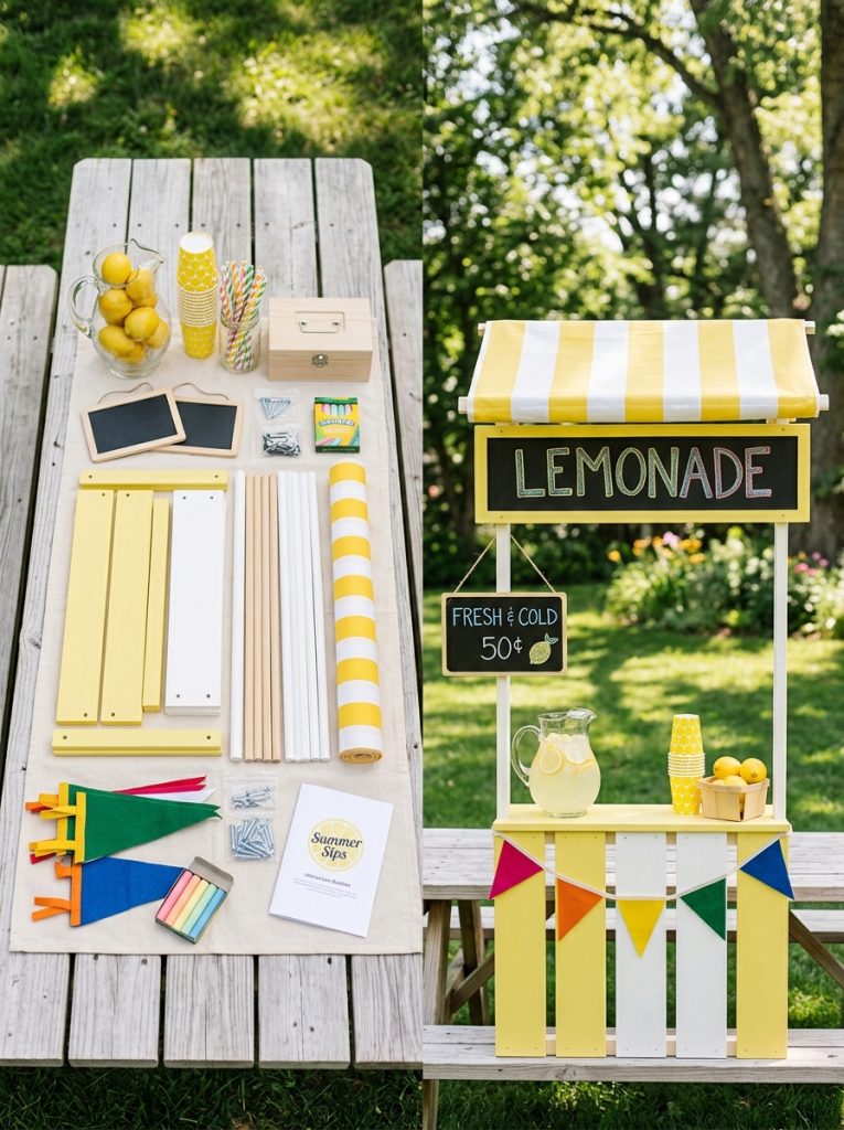 Complete lemonade stand kit with stand materials signs decorations and assembly supplies alongside completed assembled stand ready for summer