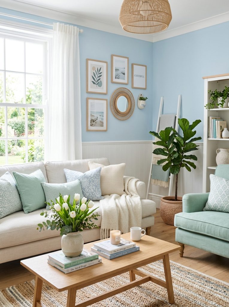 Beautiful light blue and green living room with soft powder blue and mint green creating fresh airy atmosphere with white accents 