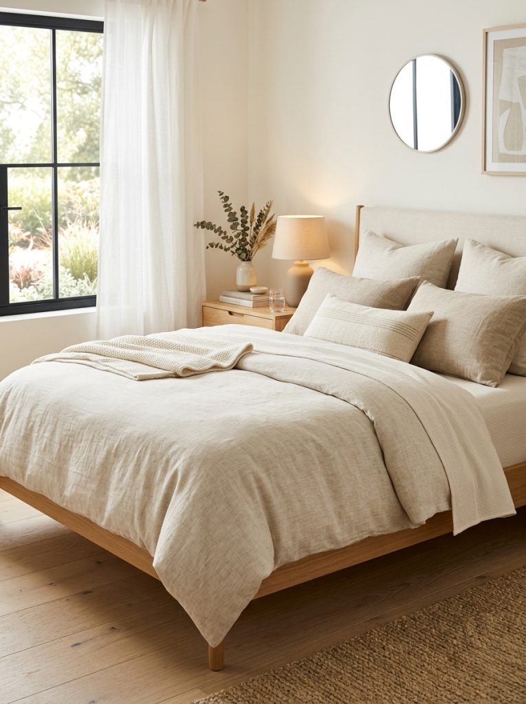  Beautiful neutral linen duvet cover in cream oatmeal on modern bed with coordinating neutral pillows and warm bedroom atmosphere 