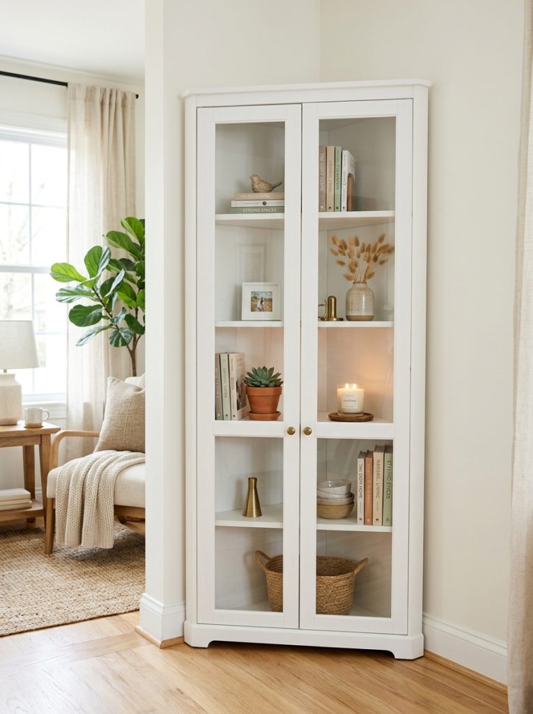  Living room corner cabinet with glass doors styled with books plant candle and decorative objects