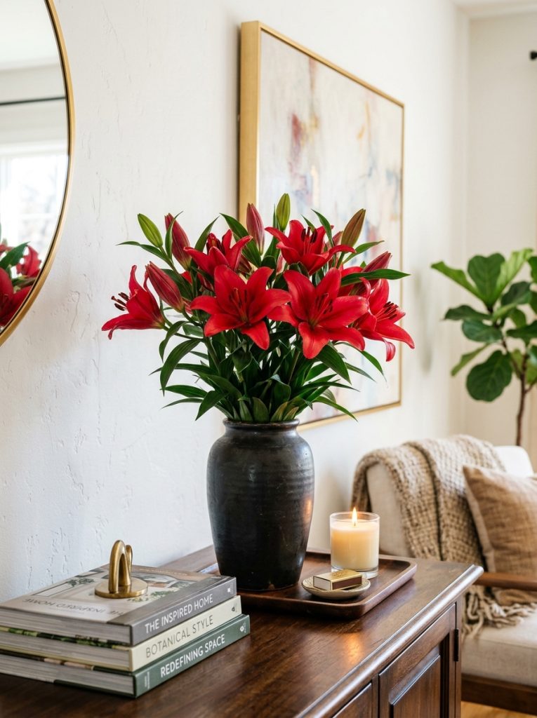 Beautiful living room console with red flowers lilies tall dark ceramic vase vivid crimson blooms white wall and dark candle tray
