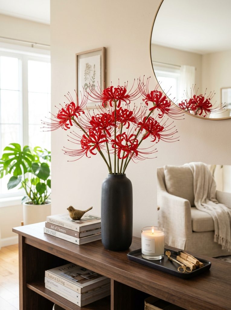 Beautiful living room console with spider lilies bouquet tall dark ceramic vase dramatic radiating blooms and dark tray candle