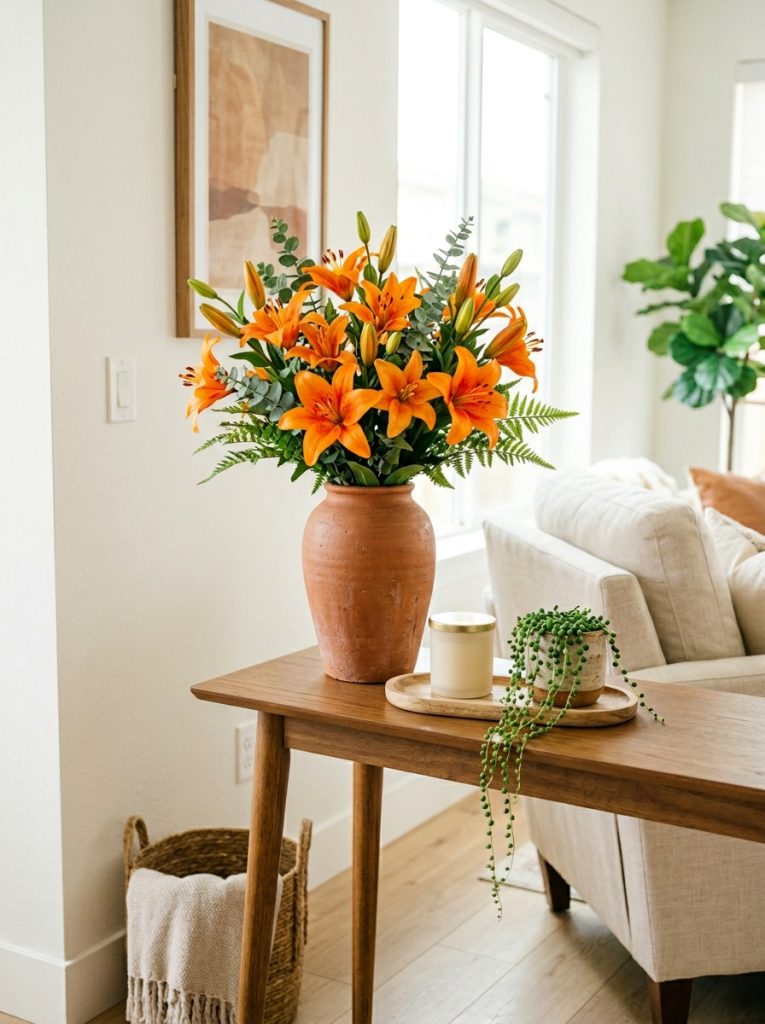 Beautiful living room console with orange lilies bouquet tall terracotta ceramic vase wooden tray candle and trailing plant