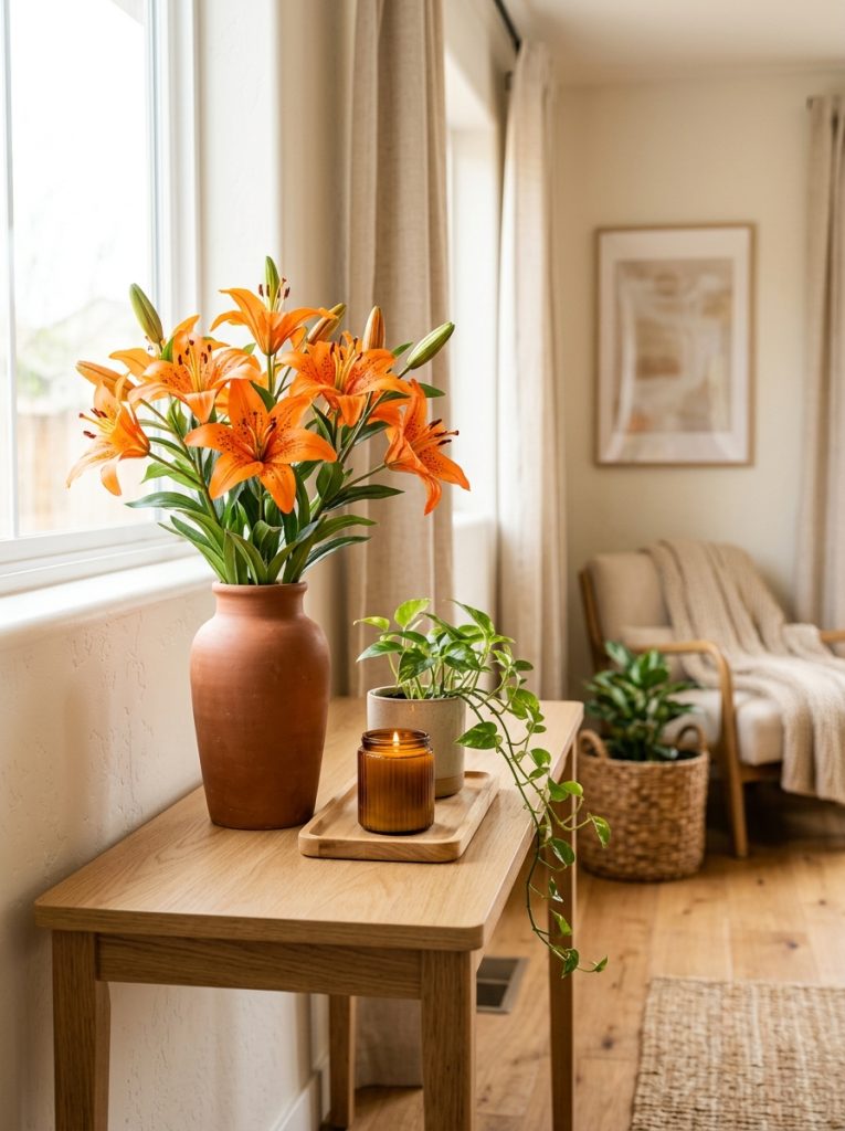 Beautiful living room console with tiger lilies bouquet tall terracotta ceramic vase wooden tray candle and trailing plant
