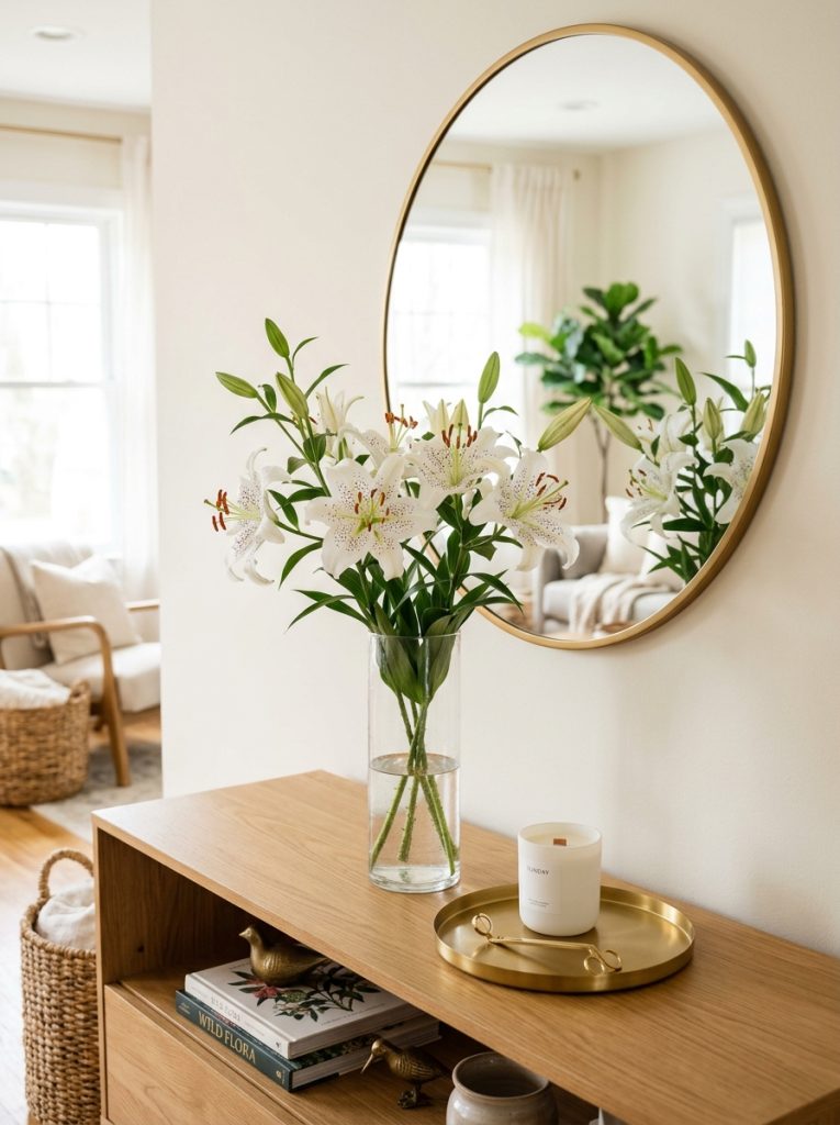 Beautiful living room console with white tiger lilies clear glass vase gold tray candle and round gold mirror