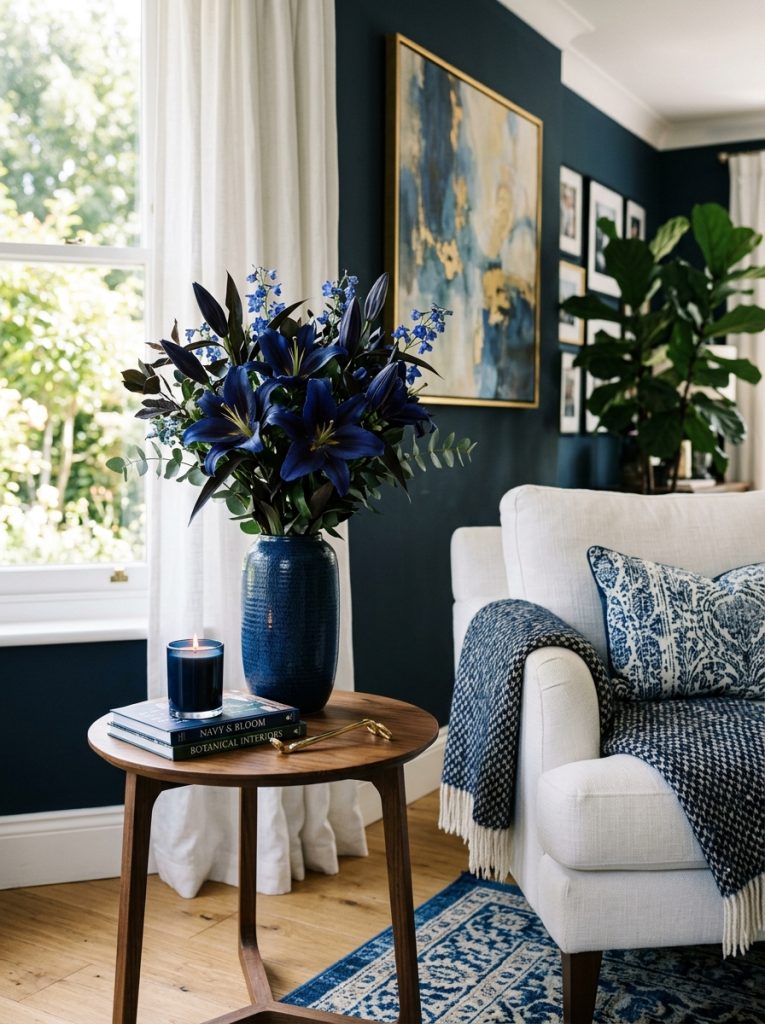 Beautiful living room corner with dark blue lilies bouquet navy ceramic vase white armchair and dark blue candle table