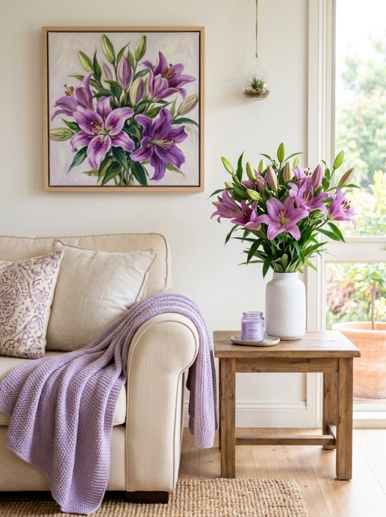 Beautiful living room corner with purple lilies painting wall tall bouquet white vase lavender throw cream sofa