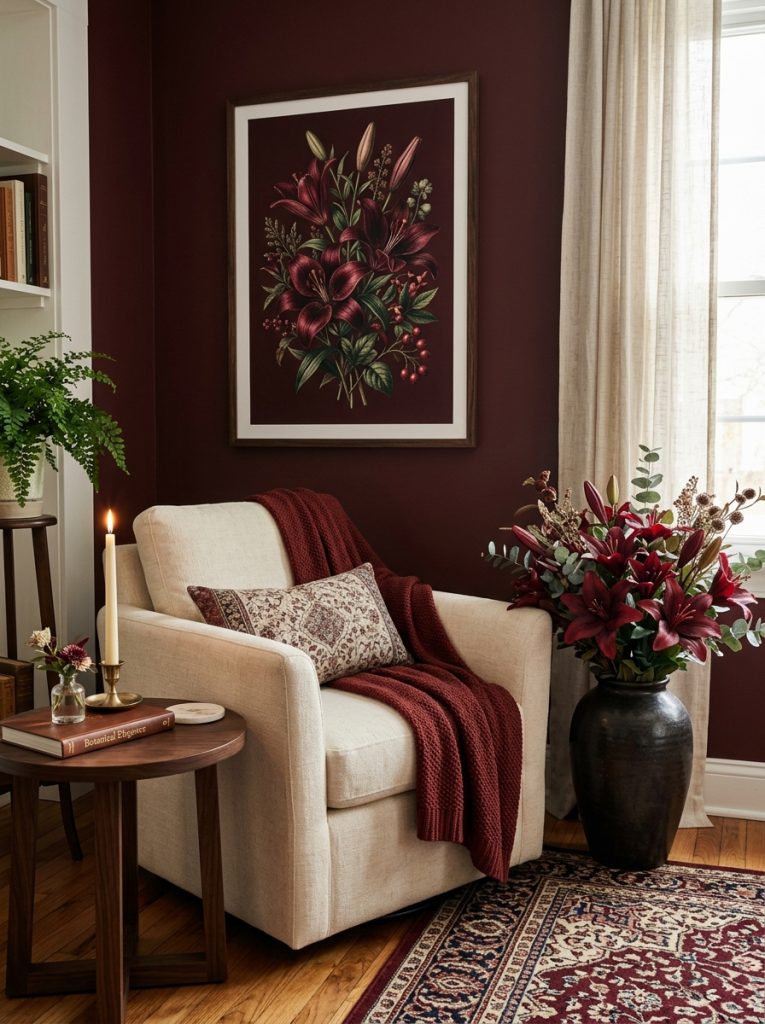  Beautiful living room corner with dark red floral wall art tall lily vase cream armchair and candle side table