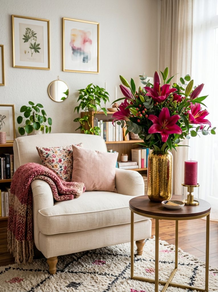 Beautiful living room corner with dark pink lilies bouquet tall gold vase cream armchair and dark pink candle side table.