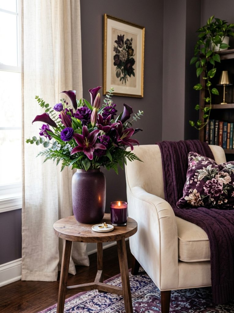 Beautiful living room corner with dark purple lilies bouquet deep plum vase cream velvet armchair and dark purple candle table