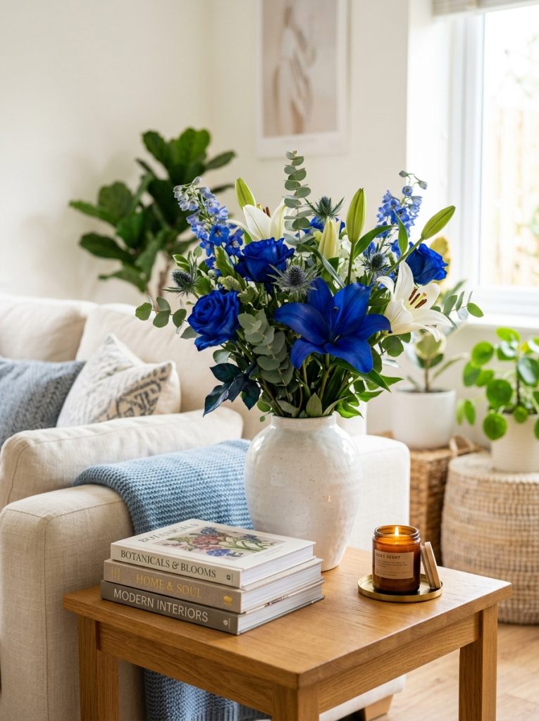 Beautiful living room side table with blue rose lilies arrangement white ceramic vase books and minimal candle