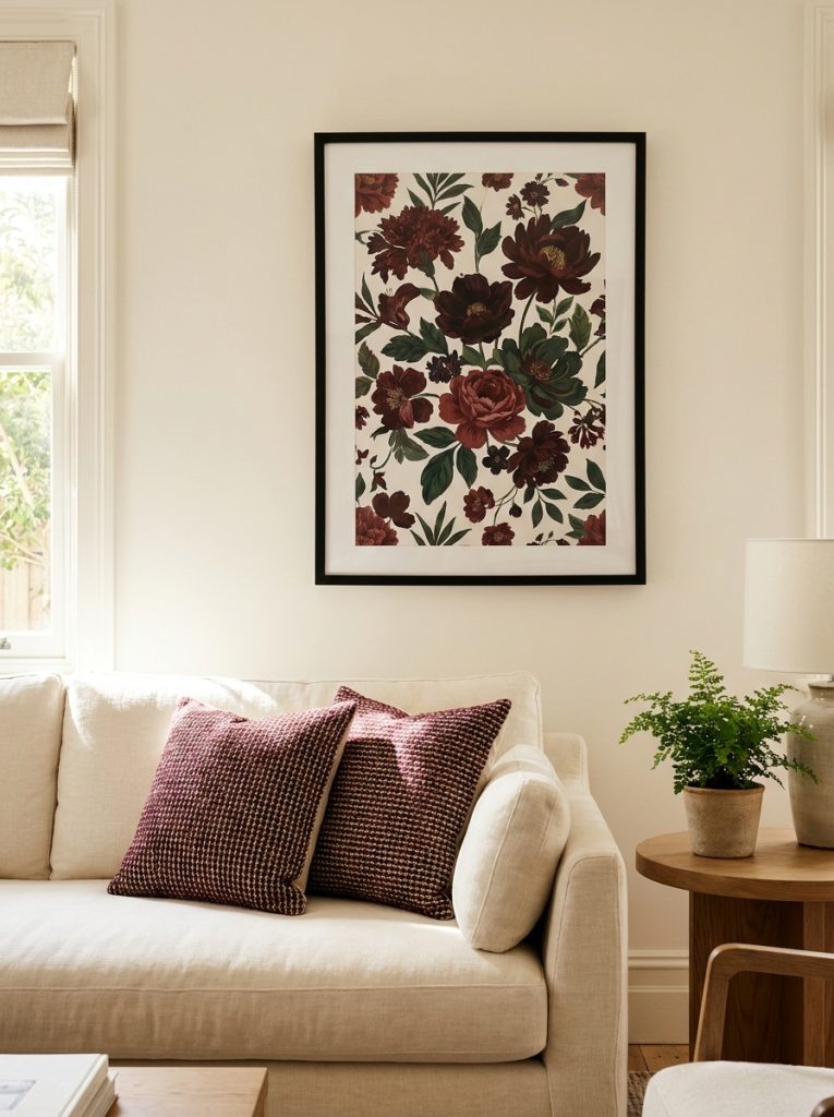 Beautiful living room with dark red floral wall art print dark frame cream sofa cushions and side plant