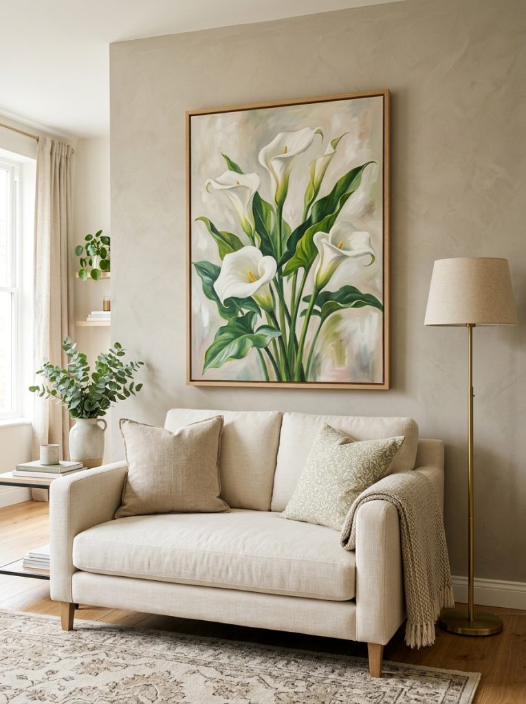 Beautiful living room with calla lilies painting above cream sofa neutral cushions and slim floor lamp