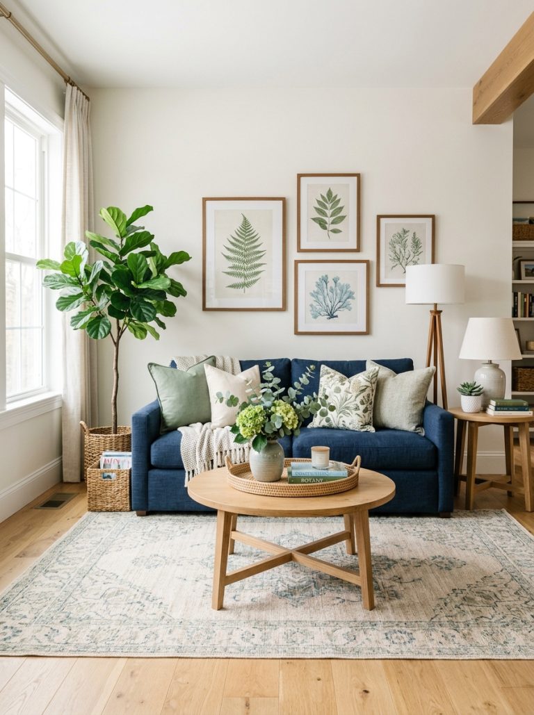 Beautiful blue and green living room with navy sofa sage green pillows coastal rug botanical wall art and natural wood accents