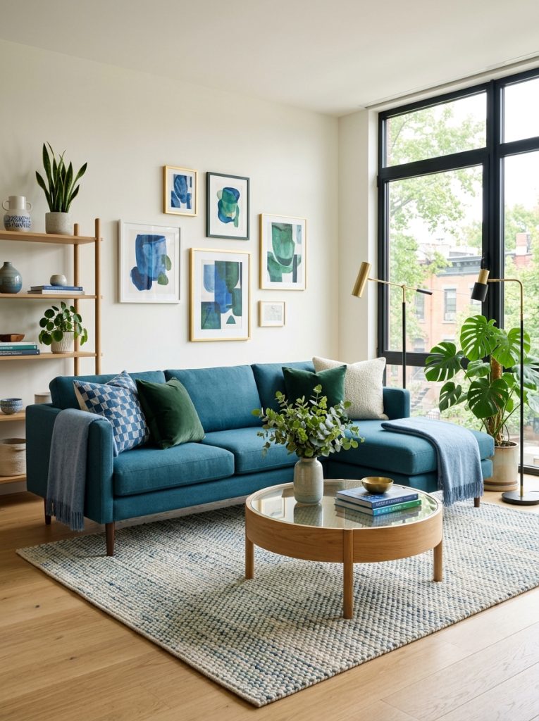  Beautiful modern blue and green living room with sleek contemporary sofa clean lines and carefully chosen blue green accents