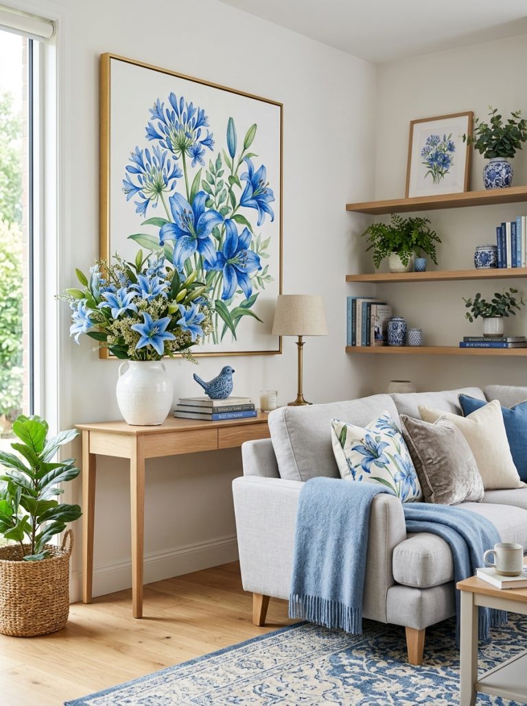 Beautiful living room with blue lilies painting on wall blue lily bouquet white vase and blue aesthetic decor on shelf.