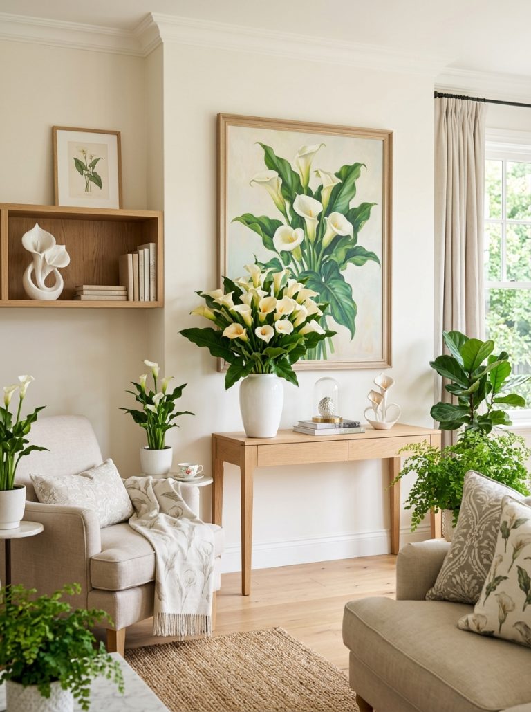 Beautiful living room with calla lilies painting on wall calla lily bouquet white vase and aesthetic decor piece on shelf